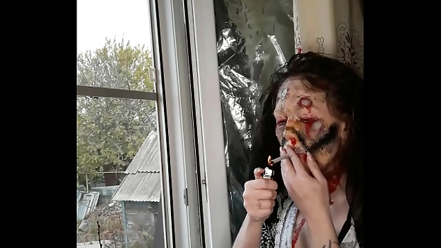Enchanting JAV MILF Smokes Cigarette and Applies Zombie Makeup - Must See!
