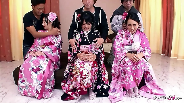 Japanese Orgy with Three Teen Hotties and Their Hairy Pussies