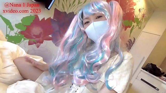 JAV Goddess Nana s Heavenly Handjob Ejaculation in Cowgirl Position with Angel Cosplay Rainbow Wig